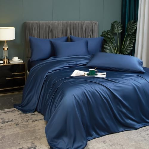 Luofanfei Kühlende Sommer Bettwäsche 135x200 cm Dunkelblau Blau Bambus Polyester Glänzend Glatt Uni Bettwäsche Set Luxus Einfarbig Zweiteilig Bettbezug Set 135 200 Einzelbett mit Reissverschluss