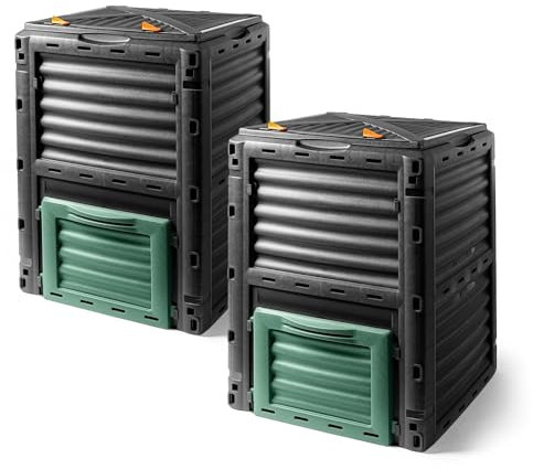 Lot de 2 composteurs en plastique 83 x 61 cm - Noir - 300 l - Avec couvercle et trappe de vidange - Pour déchets de jardin, déchets biologiques
