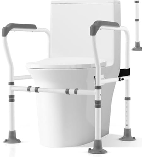 RELAX4LIFE Cadre de Sécurité pour Toilettes, Hauteur & Largeur Réglables, Rehausseur WC Adulte avec Accoudoirs, Pieds à Ventouse, Pince Rotative 360°, Barre d'Appui WC pour Âgés Handicapés, Gris
