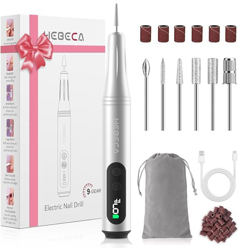 HEBECA Cordless Electric Nail Drill Machine - Professional Electric Nail File with LED Display - 9 Adjustable Speed E Files for Nails Rechargeable Portable Electric Manicure Pedicure Nail Set(Silver)