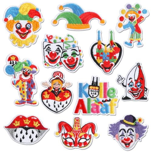 DPKOW 12 pezzi di immagini da stirare per Carnevale Kölle Alaaf, adesivi da stirare, clown, Colonia, hippie, cuore, accessori di Carnevale