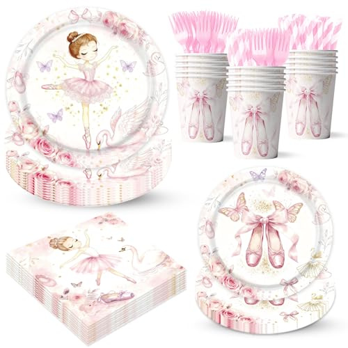 Pink Ballerina Themed Party Decorations Supplies Little Ballet Dancers Party Tableware Set Include Plates, Cups, Napkins,Cutlery and Straw for Baby Shower, Birthday Party Decorations Serves 24