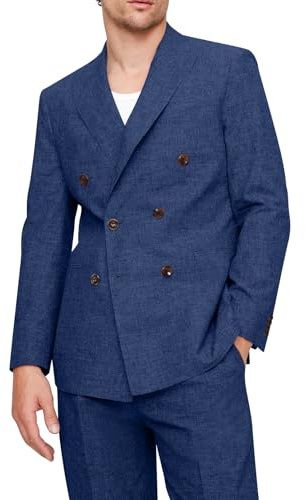 WOUIEWN Men’s 2-Piece Linen Suit, Double Breasted Blazer & Pants, Navy, L