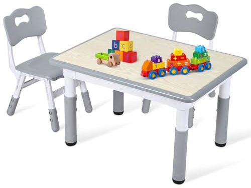 Ansobea Juego de mesa infantil con 2 sillas, altura regulable en 7 niveles, mesa de pintura y escritorio de 80 x 60 cm, color gris