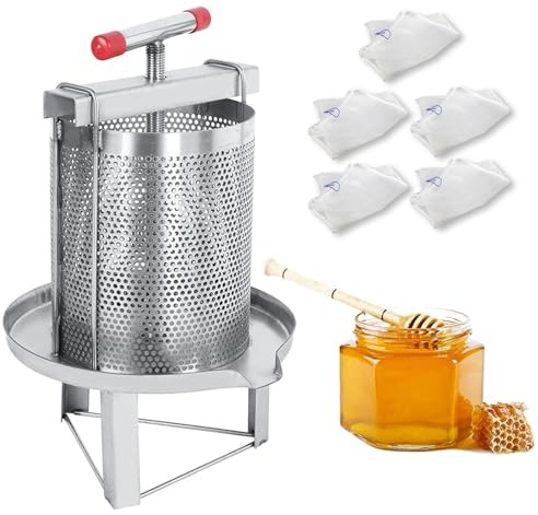 Honungspress Maskin med Nät, Bivax Utdragare, Frukthonungspressare med 5 Nylon Filterpåsar, Honungsutdragare i Rostfritt Stål för Biodling i Hemmet