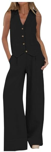 Ensemble Lin Femme 2 Pieces Gilet Col En V Sans Manches Et Boutonné Et Pantalon À Jambes Larges Chic Et Elegant Gilet Costume Léger Été Loungewear D'éTé Costume Formel Taille Haute Tailleur d'affaires