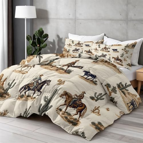 Generisk vintage täcken 220 × 240 cm 4 årstider, kaktus cowboy häst västerländsk stil tvättbart täcke utan överdrag – mjuk och bekväm året runt filt med 2 örngott 80 x 80 cm, vit