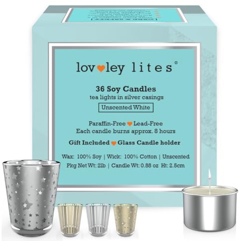 Lovley Lites Soy Tealight Candles Unscented - 36 Premium Long Burning Tea Lights, 1 Inch Tall Non Scented Soy Wax Tealights with Glass Candle Holder