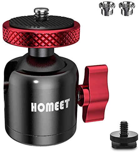 Homeet Mini rótula de trípode de 25 mm de diámetro, 10 kg de Carga máxima, Cabezal de Bola de Metal Rótula de Bola de 1/4 y 3/8, con Tuerca y Adaptador para Trípode, Monopié, Cámaras, y etc, Rojo