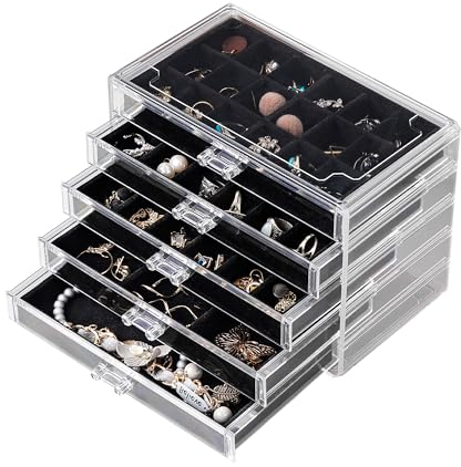 Frebeauty Organizzatore di gioielli in acrilico, scatola organizer per orecchini con 5 cassetti Portagioie trasparente con vassoi in velluto per donna, borchie e bracciali (nero)