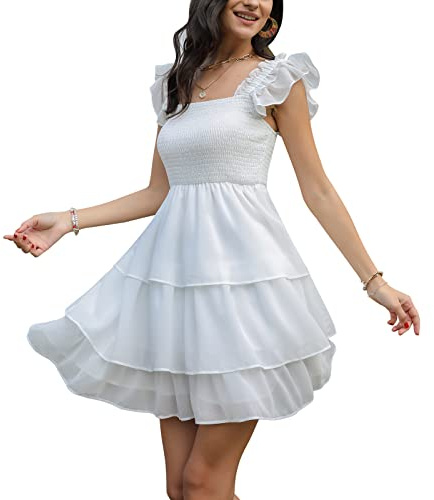 Byinns Womens Square Neck Sleeveless Ruffle Dress Backless Tiered Smocked Strappy Casual Short Mini Dresses White