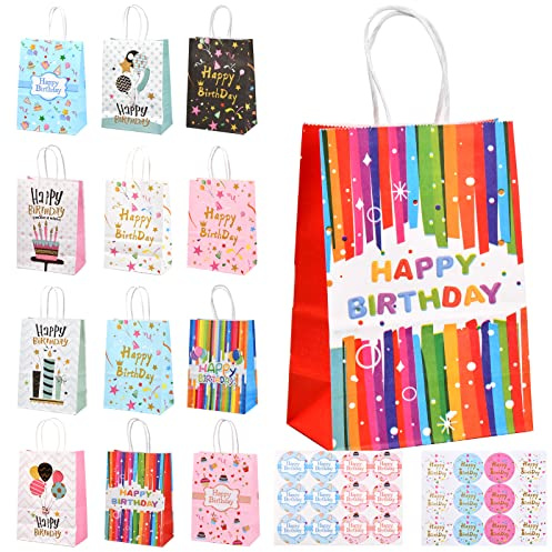 Cozlly 12 Pezzi Sacchetti Regalo Compleanno Con Adesivi, Carta Con Manici, Buste Regalo, Borse di Carta per Bambini Feste