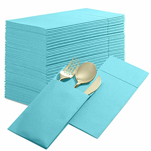 Engångsservetter med linnekänsla med inbyggd bestickficka, 50-pack MINT BLUE föråtervunnen duk som pappersservetter för middag, bröllop eller fest