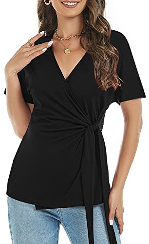 Womens Summer Black Wrap V Neck Short Sleeve Tops 2026 Trendy Dressy Casual Ladies Spring Cute Front Tie Knot Batwing Dolman Asymmetrical Ruched T Shirts Blouses L