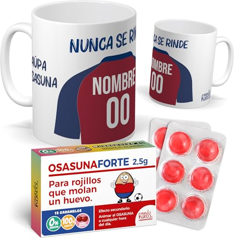 mundohuevo Pack regalo personalizado | Taza personalizada con nombre y número fútbol Osasuna + Caramelos divertidos | Regalo divertido, original y único para aficionados