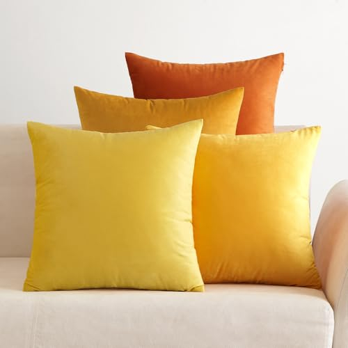 EMEMA Samt Kissenbezug 45x45 cm Kissenhülle Herbst Kopfkissenbezug Dekorative Dekokissen Couchkissen 4er Set Deko Bezug Sofakissenbezug für Wohnzimmer Schlafzimmer Büro Orange Serie