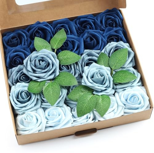 SITUMEIZI Blue Roses Artificial Flowers Blue Fake Rose Foam Blue Rose with Stems for DIY Wedding Flowers Bridal Shower Table Centerpieces Party Decor Christmas Tree 25Pcs