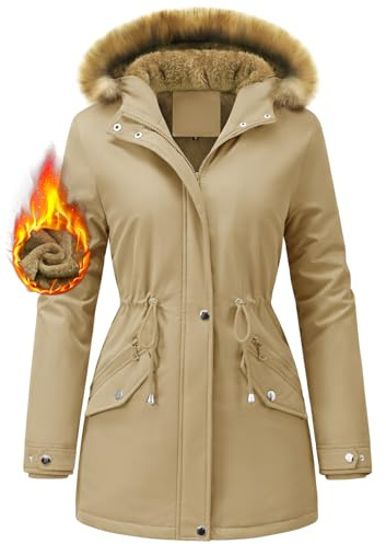 FemiChic Women Winter Coat UK Fleece-Lined Jackets Ladies Long Winterproof Parka Warm Padded Coats Thermal Thickened Hooded Outwear Detachable Hood Overcoat(Khaki,M)