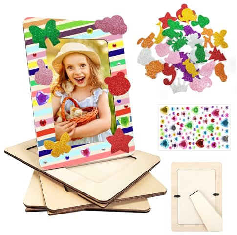 Pack de 4 Bricolage Cadres Photos pour Enfant,7,5 x 5,5 pouces Kits de Cadres Photo en Bois avec autocollants à paillettes DIY Cadre Photo/décorez votre propre ensemble d'artisanat pour enfants