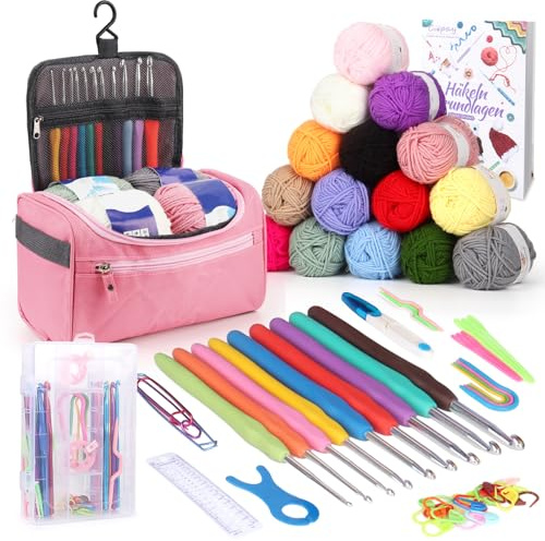 Coopay Juego de Ganchillo Portátil Para Principiantes Con 15 Lana, Bolsa, Accesorios, Agujas Ergonómicas Con Mango Suave