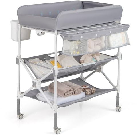 COSTWAY Baby Changing Table, Folding Diaper Changing Station with Wheels, Storage Basket, Shelves & Trash Bin, Height Adjustable Nursery Organizer for Newborn and Infant (Gray)