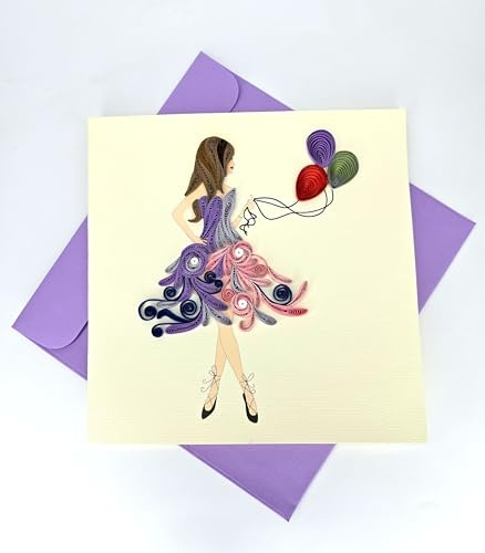 REMOtech Quilling-presentkort – ung kvinna med ballonger, 15 x 15 cm, kuvert ingår