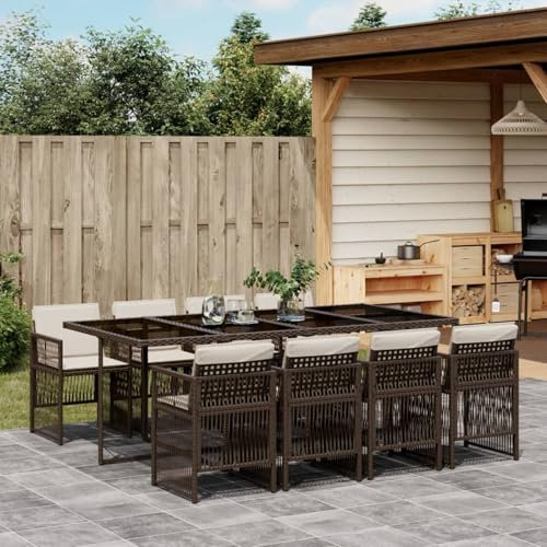 IKAYAA 9-TLG. Garten-Essgruppe mit Kissen Braun Poly Rattan,Balkon Sitzecke,Garten Essgruppe,Sitzgruppe Garten,Sitzecke Balkon,Balkon Tisch Und Stühle,Dining Lounge Outdoor,Essgruppe Garten