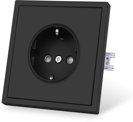CNBINGO Enchufe con garras tensoras – Sencillo enchufe Schuko empotrado – 1 enchufe de pared – Placas de plástico con tacto – 80 mm x 80 mm – Negro