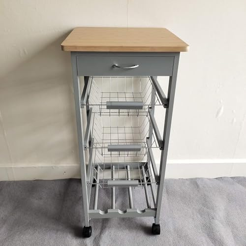 HYGRAD BUILT TO SURVIVE 3 Tier Wooden Rolling Kitchen Island Trolley, Utility Storage Cart with 3 Basket, Drawers - 1 Wine Rack with Wheels Cabinet for Home, Dining Room, Bar (Grey)