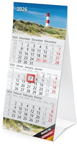 Timr Tischkalender 2026 klein zum Aufstellen - 3 Monatskalender mit Schieber - Kalender für Tisch Büro - Motiv Leuchtturm I tr357
