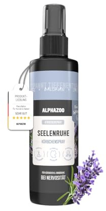 alphazoo Seelenruhe Spray für Hunde 250ml - Mit Lavendel & Baldrian. Unterstützt Entspannung & Gelassenheit. Ideal für stressige Situationen & ruhige Momente. Alkoholfrei & sanft. Körbchenspray