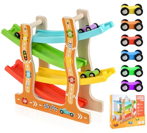 Ecofocet Rampe de Course en Bois avec 6 Voitures, 4 Niveaux, Jouet Montessori pour Enfants de 1 à 3 Ans, Jouet Éducatif en Bois pour Tout-Petits, Développement Motricité Fine, Cadeau Garçons et Filles