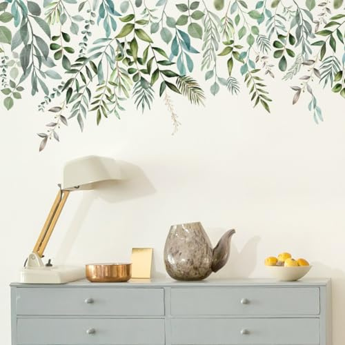 TWINKLEMON Green Plants Leaves Wall Decals, Watercolor Hanging Leaf Wall Art Stickers, Peel and Stick Decorative Wallpaper Sticker for Living Room Bedroom Sofa Office Wall Decor