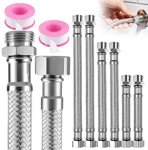 6 Stück 3/8 Zoll Edelstahl Flexschlauch Set 10/20/30cm + 2 Dichtungsband