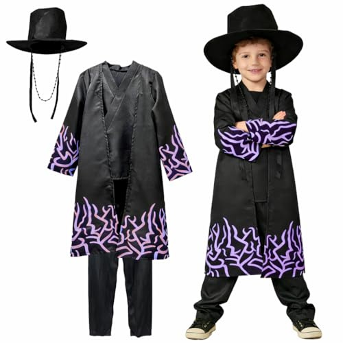 Disfraz infantil anime coreano negro con llamas moradas, cosplay para carnaval y Halloween, ropa tradicional temática, tallas 5-15 años (Dibujo morado, 10-12)