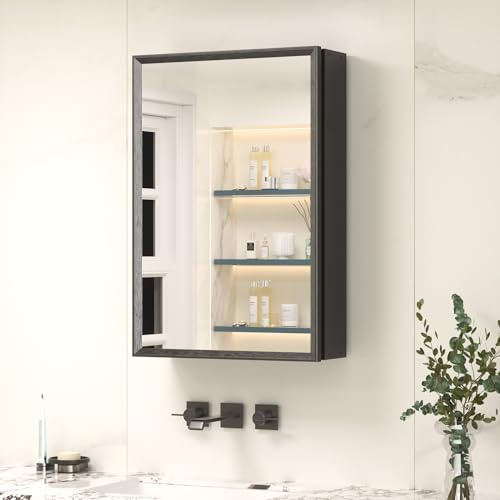 Keonjinn Bathroom Mirror Cabinets 40x60cm, Assembly Required, Black Aluminum Frame Mirrored Bathroom Cabinet Wall Mounted with Storage, Adjustable Shelf Wall Cabinet with Mirror, Single Door