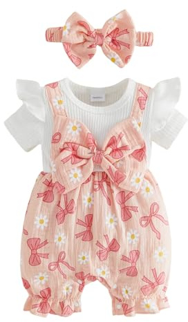 XIXIMAON Newborn Girl Summer Outfit Baby Romper Linen Jumpsuit Headband Set (Pink, Newborn)