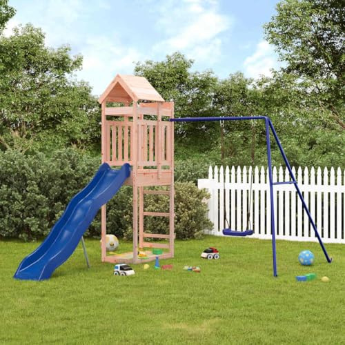 YunCangg Torre de juegos de madera maciza de Douglas con columpio, tobogán ondulado y arenero, robusto marco de escalada para jardín y parque infantil, promueve el movimiento y la motricidad en los