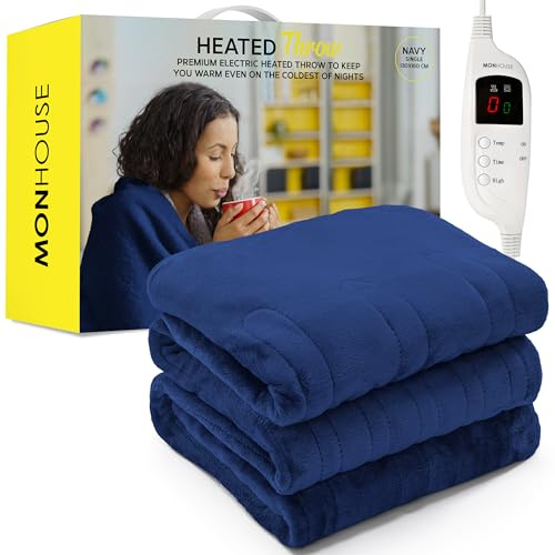 MONHOUSE 130X160 cm Soft Electric Sofa Blanket - Single Heated Throw With Digital Controller - Machine Washable Bed Throw, Timer up to 9 hours, 9 Heat Settings, Auto Shutoff - NAVY