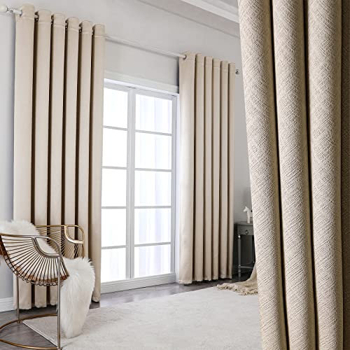Fully Blackout Eyelet Curtains - 90 inch Drop Beige, Thermal Insulated & Noise Reducing, Extra Long Lined Room Darkening Curtains for Living Room, 90 x 90 inch 2 Panels