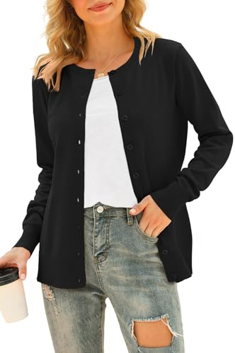 YUNDAI Womens Cardigans Long Sleeve Open Front Knitted Ladies Cardigan Button Round Neck Sweater for Women UK Lightweight Solid Color Jumpers, Large Black