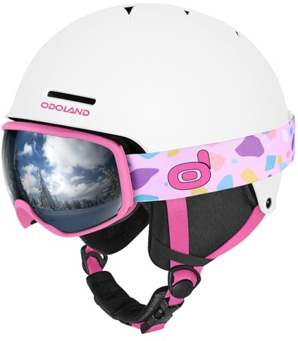 Odoland Kids Ski Helmet, Snow Helmet with Ski Goggles for Boys and Girls, Safety Youth Snowboard Sports Helmets and Goggles Set for Children Ages 6-14, White Rose, XS