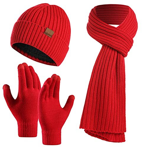 Juego de 3 guantes unisex de invierno para gorro, bufanda, gorro de punto cálido, guantes de pantalla táctil, bufanda larga para hombres y mujeres