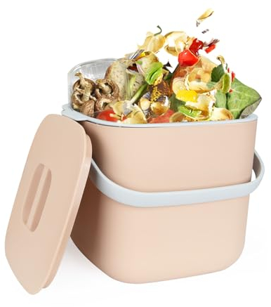 ASelected Kitchen Food Waste Compost Caddy Bin, Countertop Bin, 6.5L, For Food Waste Recycling, Plastic Container With Removable Filter Inner Bucket, With Lid And Handle, Light Coffee