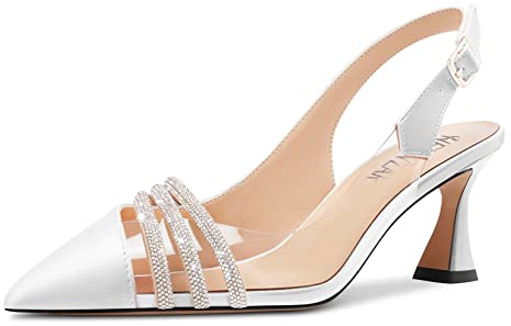 HEUIVZAR Femmes Mi Kitten Talon Heel Pointu Bout Sandales Escarpins Slingback Diamant Cristal Bureau Dress 6.5 CM Heels Blanc 35 EU