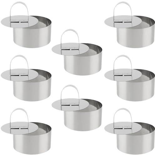ZEONHEI Lot de 8 Mini Anneaux à gâteau, en Acier Inoxydable, avec Tampon, Petit Anneau à gâteau, Anneau Rond en Mousse Ø 8 cm, pour pâtisseries, gâteaux, mousses, Dessert, 4 cm de Haut, argenté