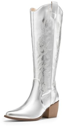 DREAM PAIRS Dam cowboy knähöga tjocka klackstövlar, Metallisktsilver, 38.5
