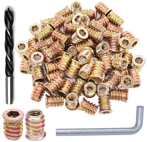 Wadayu 100pcs Threaded Inserts for Wood, Screw in Nut Fastener Connector, Steel Hex Drive Nut Inserts for Home Office Furniture (Gold, 1/4-20 x20mm)