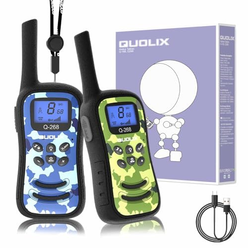 QUOLIX Talkie Walkie pour Enfants, Rechargeables Talkies-Walkies 2 Voies Longue Portée 8 Canaux avec Fonction Vox, Cadeau pour Filles Garçons de 3 à 12 Ans (Camouflage_Bleu+Vert)