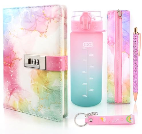 Tagebuch mit Schloss Mädchen Trinkflasche, Geschenke für Mädchen 8 9 10 11 12 13 14 Jahre, Schulanfang Geburtstag Geschenk Teenager Mädchen Alter 7-15, Notizbüch mit Code Wasserflasche Stift Schule